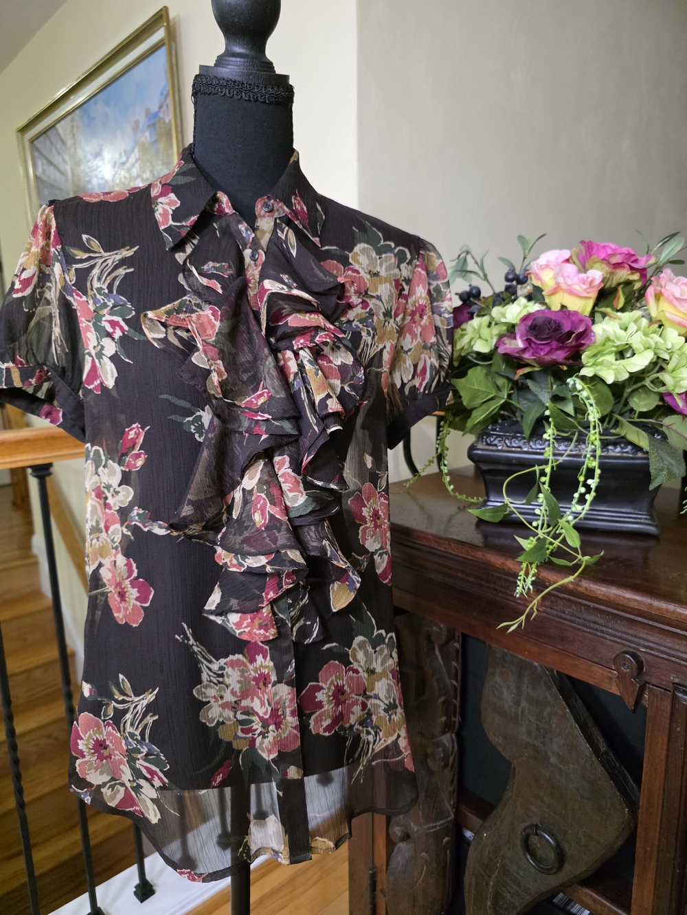 Ralph Lauren Black Floral Ruffle Front Blouse Size M